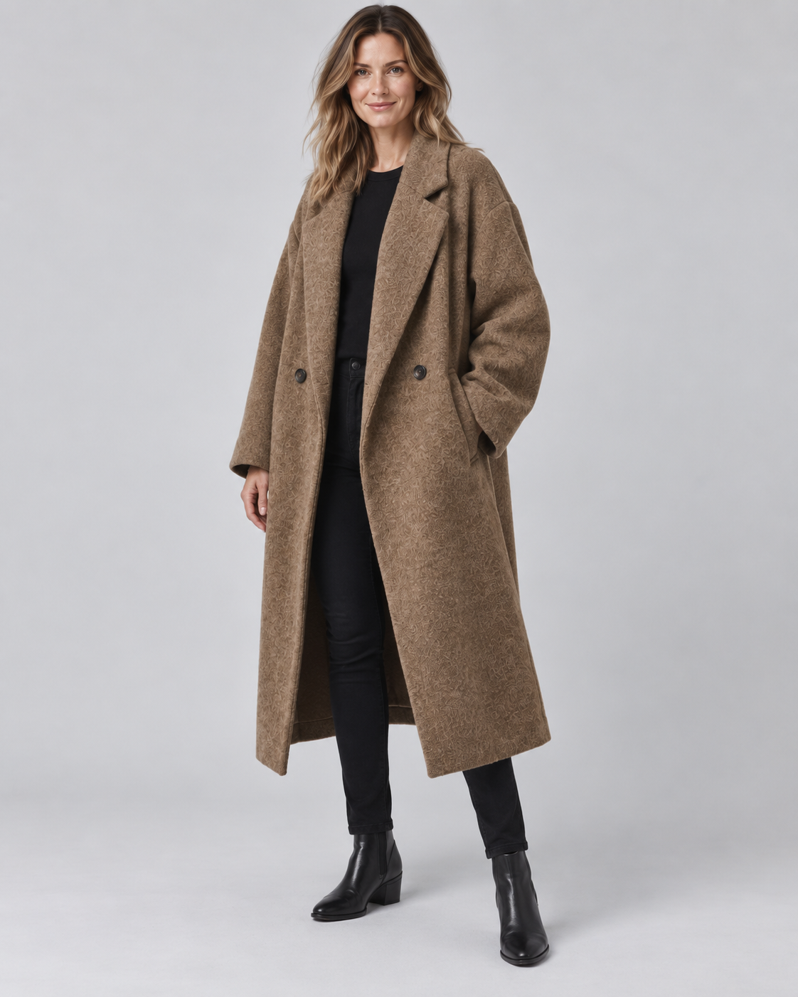 Women's Longline Coat with Notch Lapel and Double Breasted Front