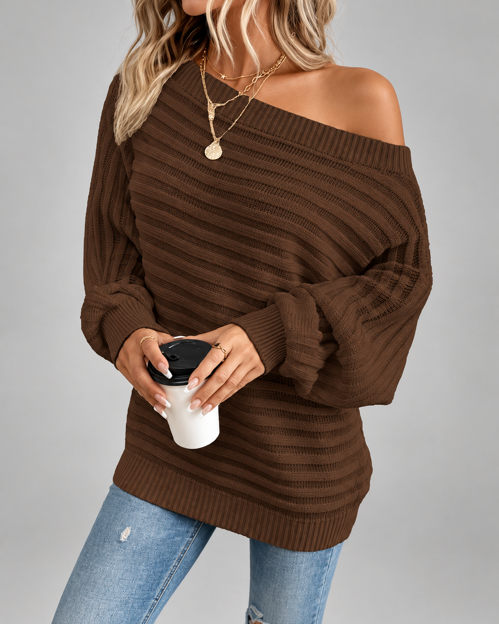 Women's Batwing Sleeve Ribbed Knit Jumper with Off Shoulder Neck