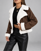 Women's Suede Style Aviator Jacket with Shearling Collar and Zip Front