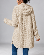 Women's Hooded Plush Cable Knit Longline Cardigan with Button Front