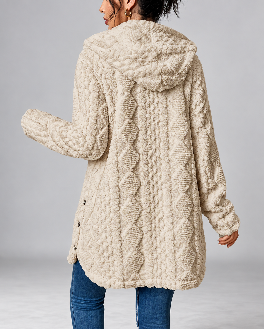 Women's Hooded Plush Cable Knit Longline Cardigan with Button Front