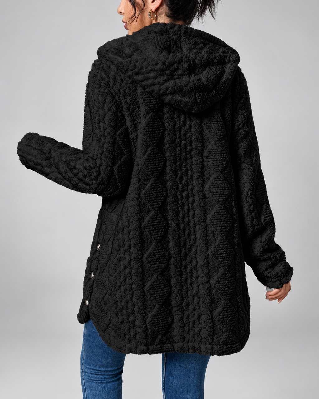 Women's Hooded Plush Cable Knit Longline Cardigan with Button Front
