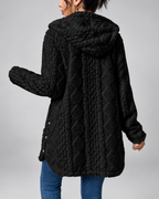 Women's Hooded Plush Cable Knit Longline Cardigan with Button Front
