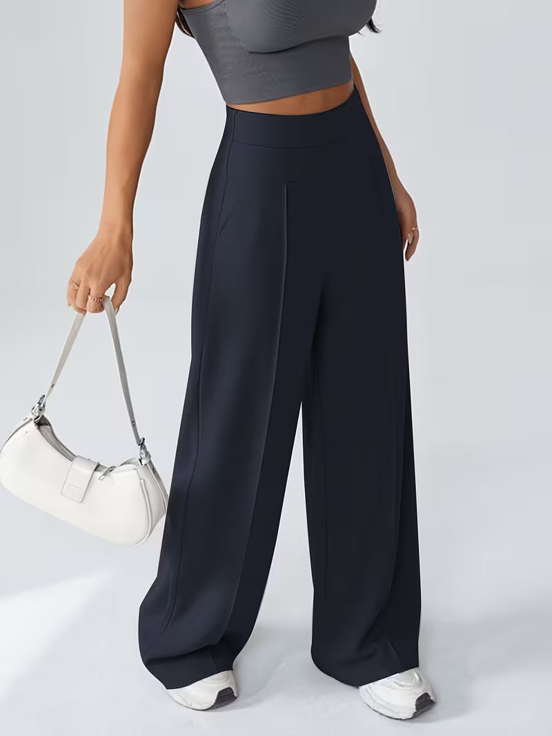 Women's High Waisted Wide Leg Trousers with Elasticated Waist and Side Pockets