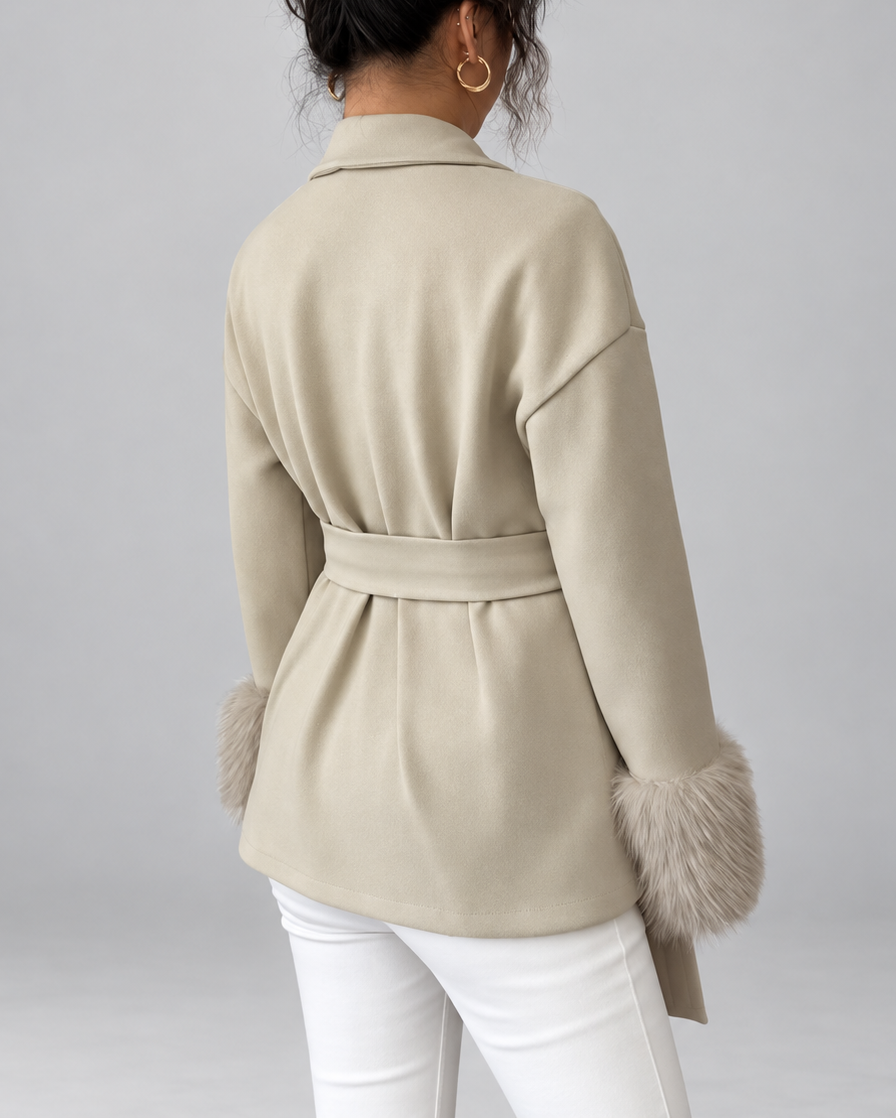Women's Belted Blazer Jacket with Faux Fur Cuffs