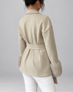 Women's Belted Blazer Jacket with Faux Fur Cuffs