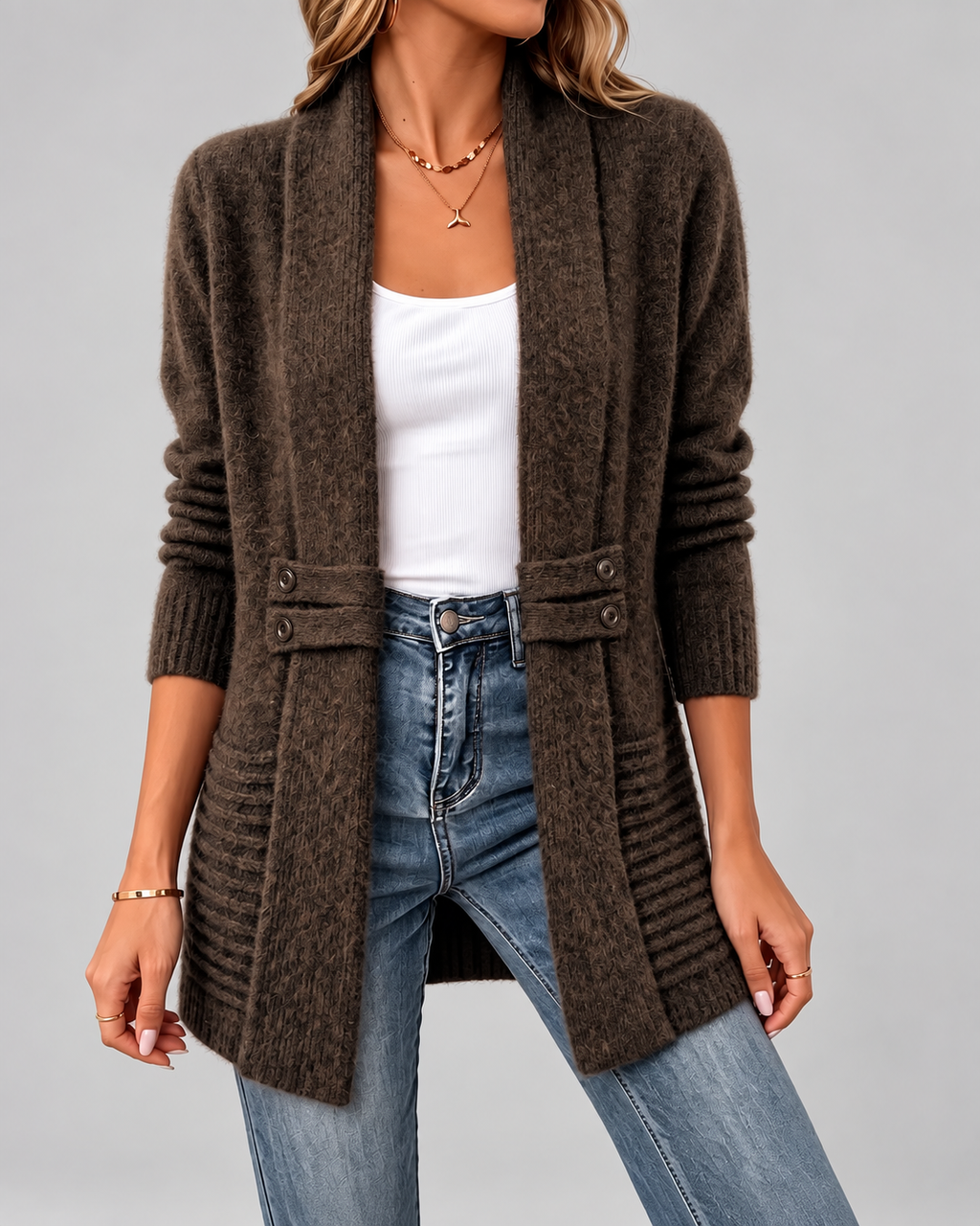 Women's Longline Knit Cardigan with Shawl Collar and Button Tabs