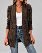 Women's Longline Knit Cardigan with Shawl Collar and Button Tabs