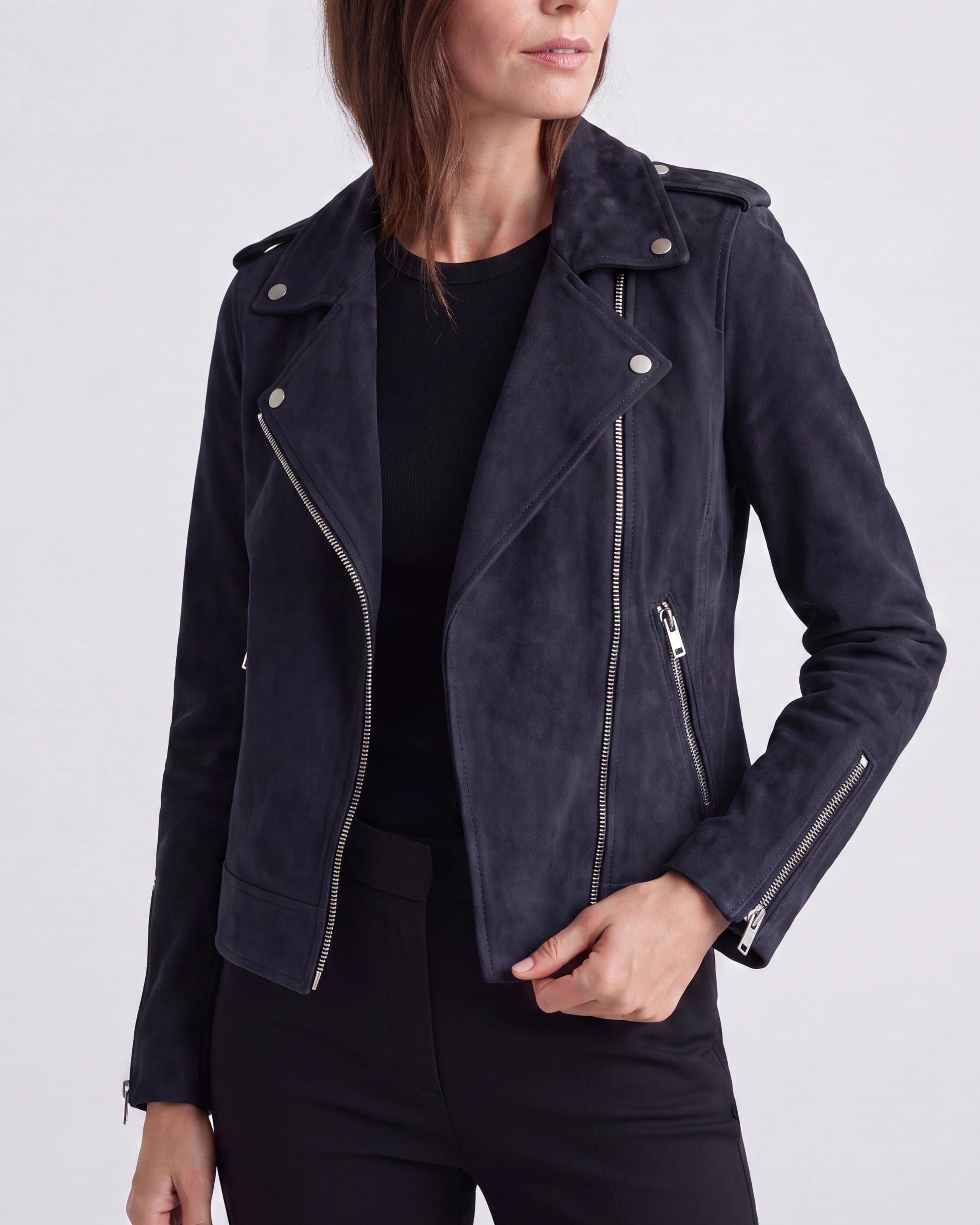 Women's Cropped Zip Front Lapel Collar Biker Jacket