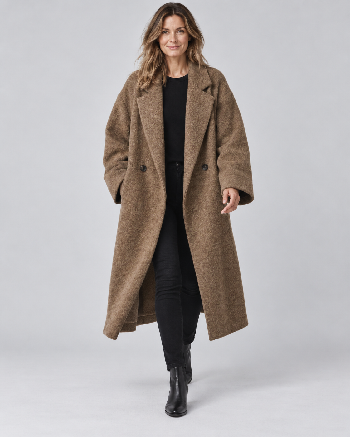 Women's Longline Coat with Notch Lapel and Double Breasted Front