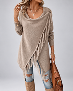 Women's Draped Knit Cardigan with Fringe Trim and Open Front