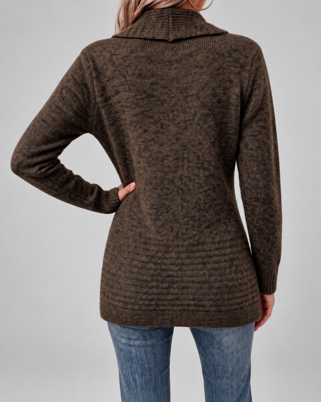 Women's Longline Knit Cardigan with Shawl Collar and Button Tabs