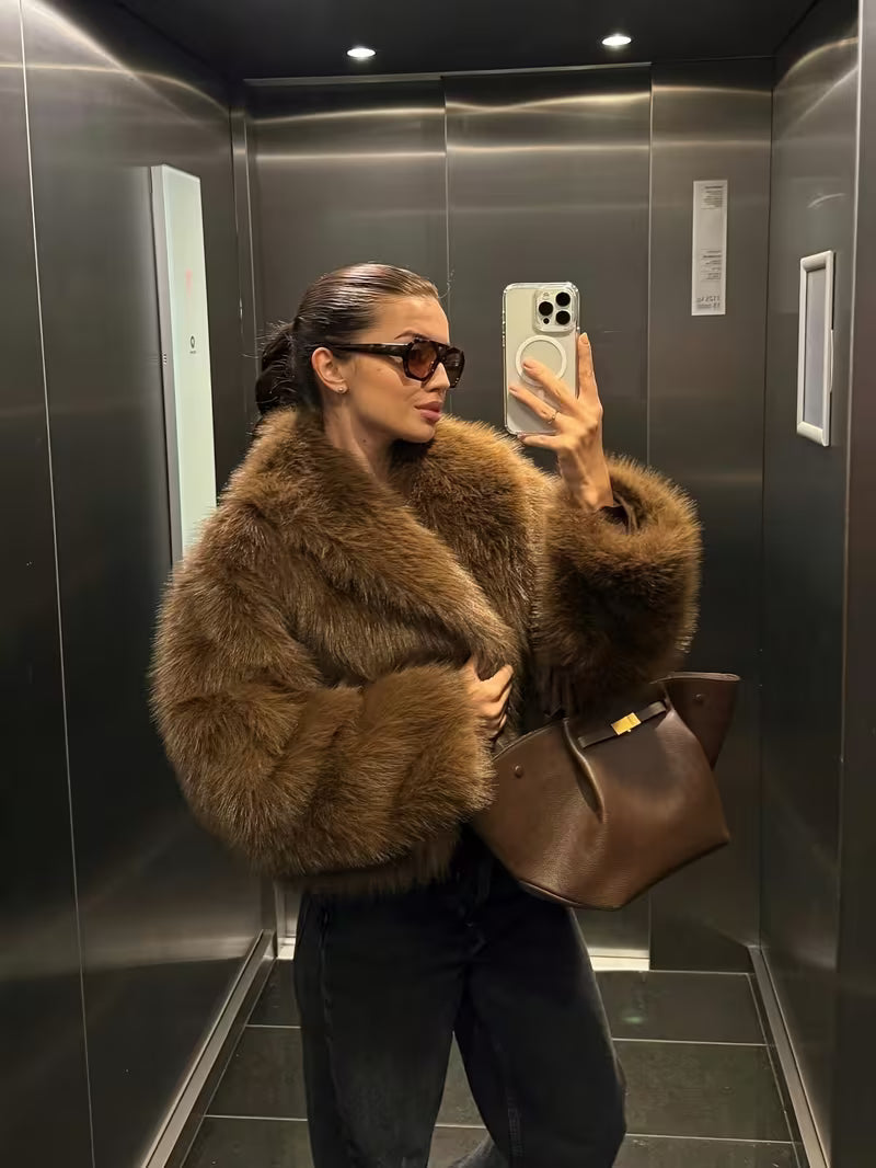 Women's Cropped Faux Fur Jacket with Wide Lapels and Open Front in Brown – Front View