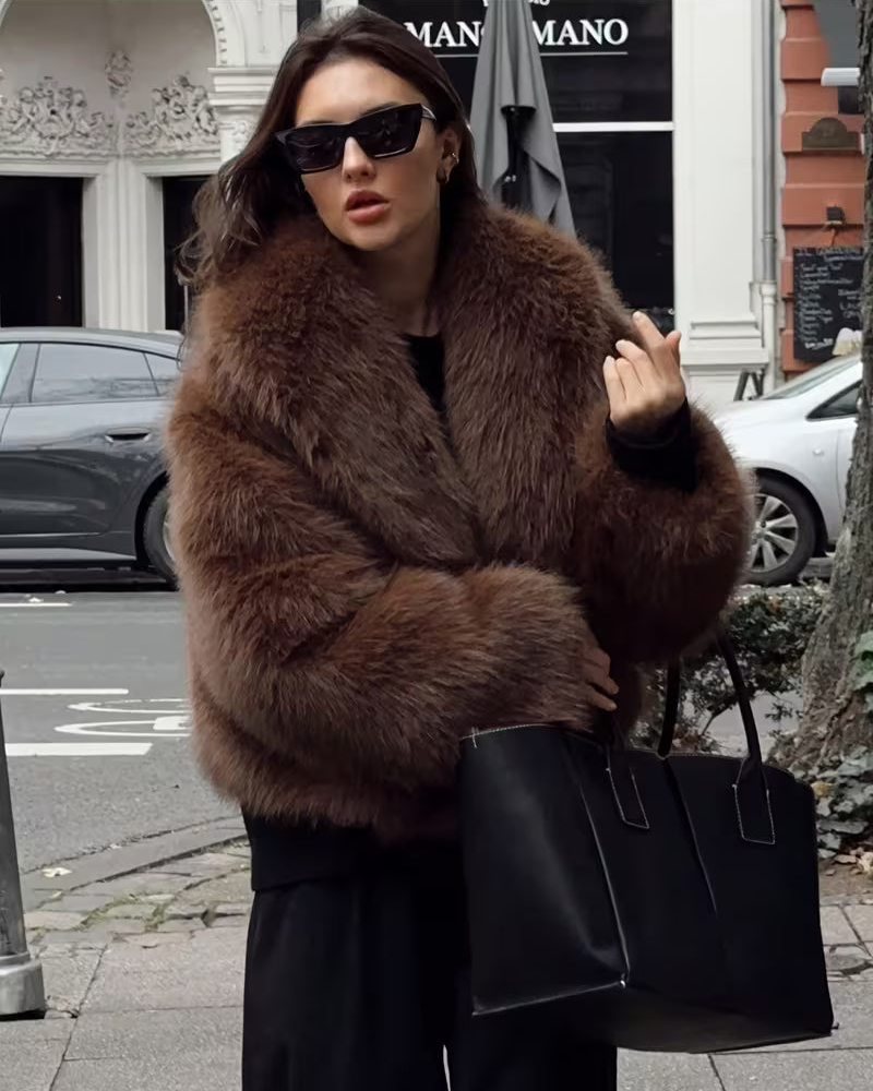 Women's Cropped Faux Fur Jacket with Wide Lapels and Open Front in Brown – Front View