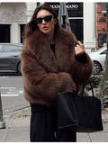 Women's Cropped Faux Fur Jacket with Wide Lapels and Open Front in Brown – Front View