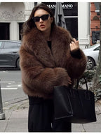 Women's Cropped Faux Fur Jacket with Wide Lapels and Open Front in Brown – Front View