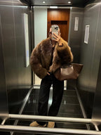 Women's Cropped Faux Fur Jacket with Wide Lapels and Open Front in Brown – Front View