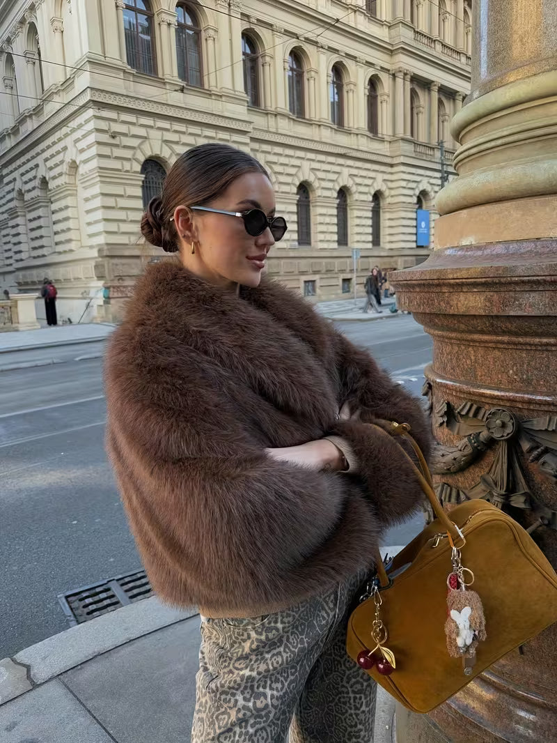 Women's Cropped Faux Fur Jacket with Wide Lapels and Open Front in Brown – Three-Quarter View
