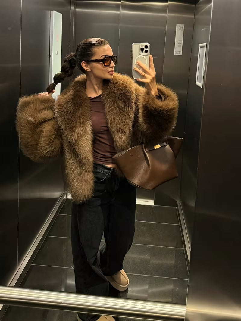 Women's Cropped Faux Fur Jacket with Wide Lapels and Open Front in Brown – Front View