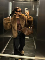 Women's Cropped Faux Fur Jacket with Wide Lapels and Open Front in Brown – Front View