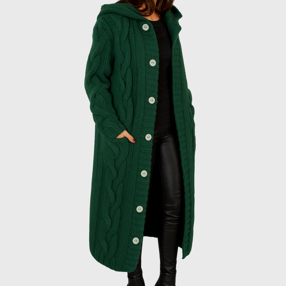 Women's Chunky Knit Longline Cardigan with Hood and Button Front