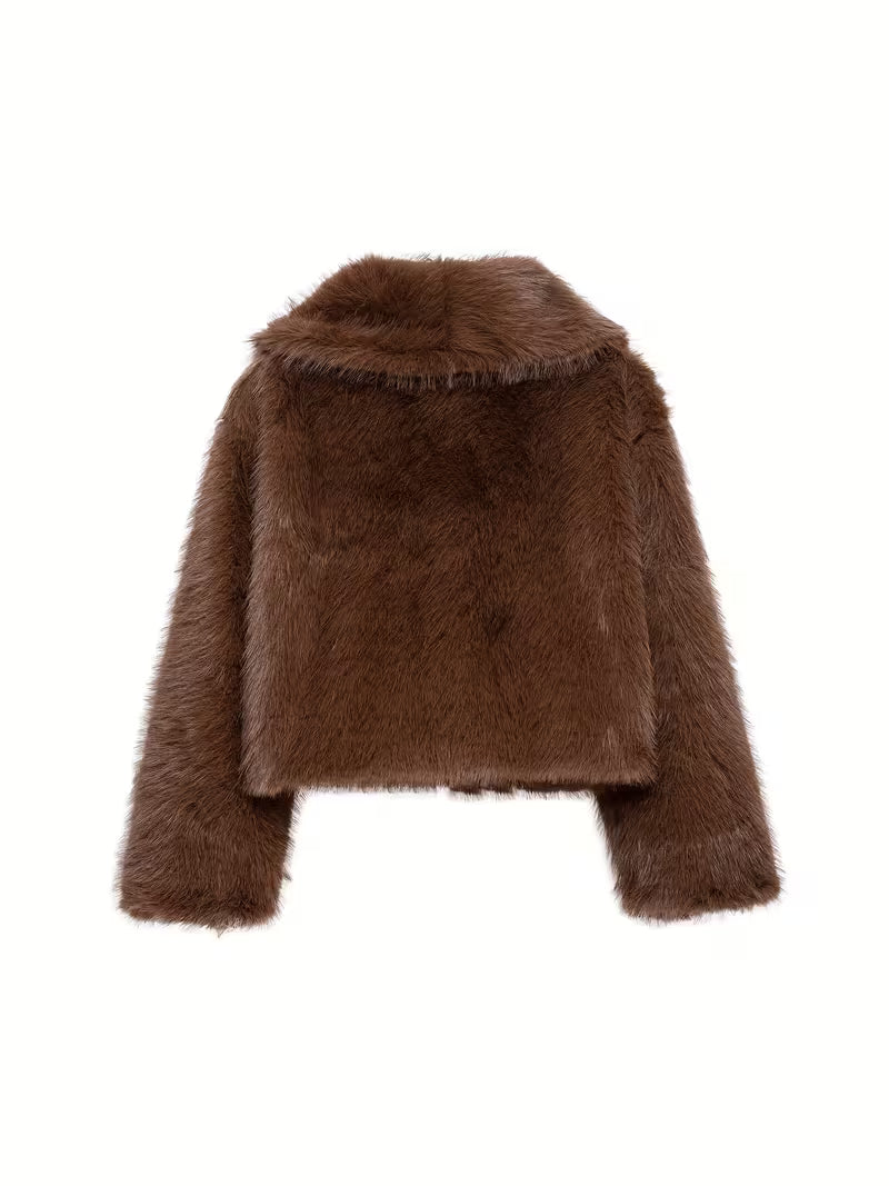 Women's Cropped Faux Fur Jacket with Wide Lapels and Open Front in Brown – Back View