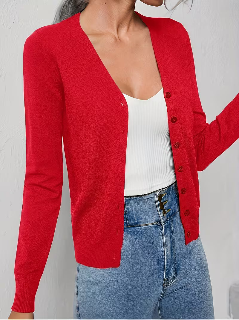 Women's Fine Knit V-Neck Cardigan with Button Front