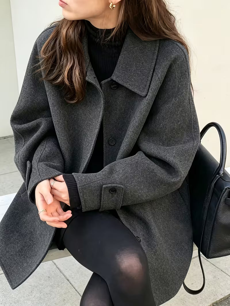 Women's Oversized Short Coat with Wide Collar and Button Front in Grey – Front View