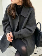 Women's Oversized Short Coat with Wide Collar and Button Front in Grey – Front View