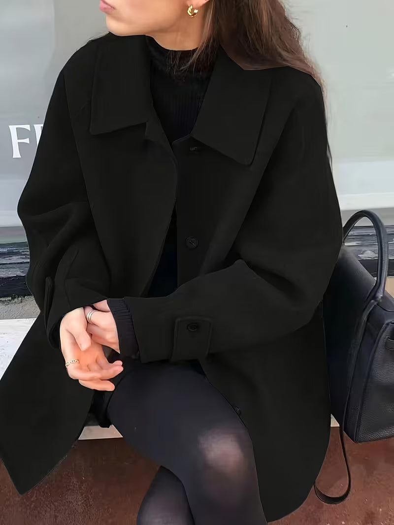 Women's Oversized Short Coat with Wide Collar and Button Front in Black – Front View