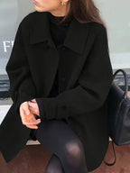 Women's Oversized Short Coat with Wide Collar and Button Front in Black – Front View