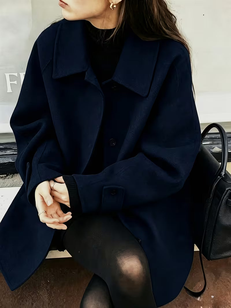 Women's Oversized Short Coat with Wide Collar and Button Front in Navy Blue – Front View