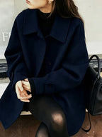 Women's Oversized Short Coat with Wide Collar and Button Front in Navy Blue – Front View