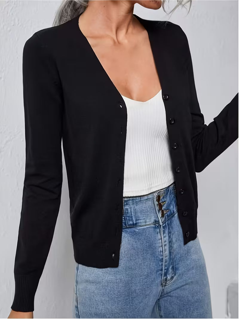 Women's Fine Knit V-Neck Cardigan with Button Front