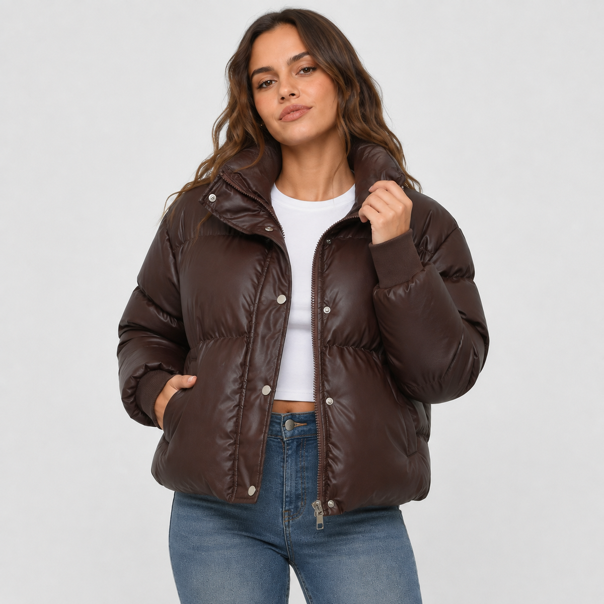Women's Shiny Cropped Puffer Jacket with Funnel Neck and Drawcord Hem in Brown – Front View