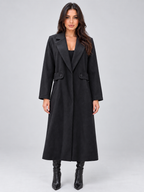 Women's Longline Tailored Coat with Notch Lapels and Button Tab Waist in Black – Front View