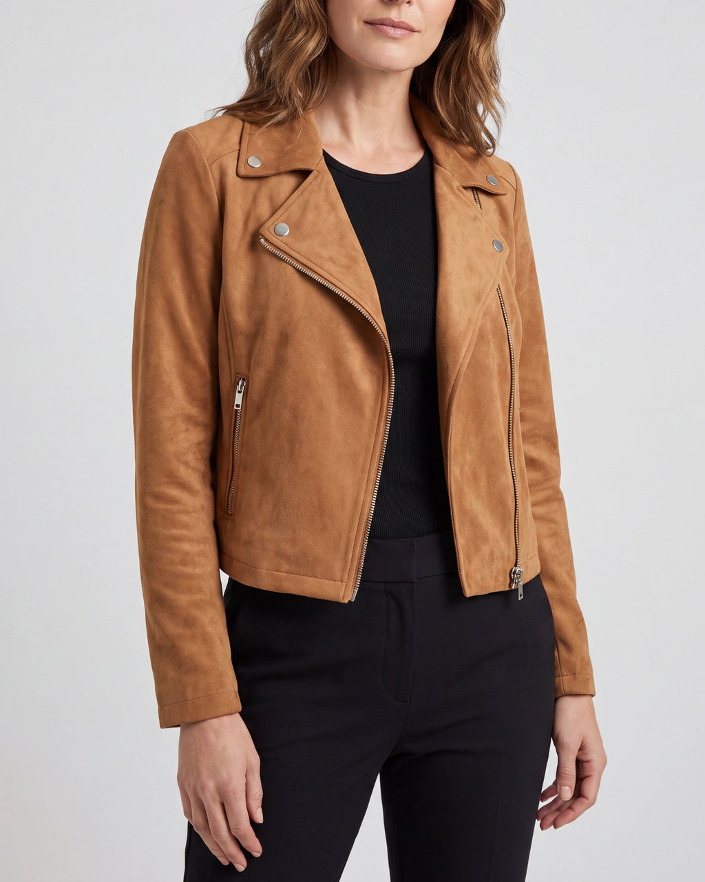 Women's Cropped Zip Front Lapel Collar Biker Jacket