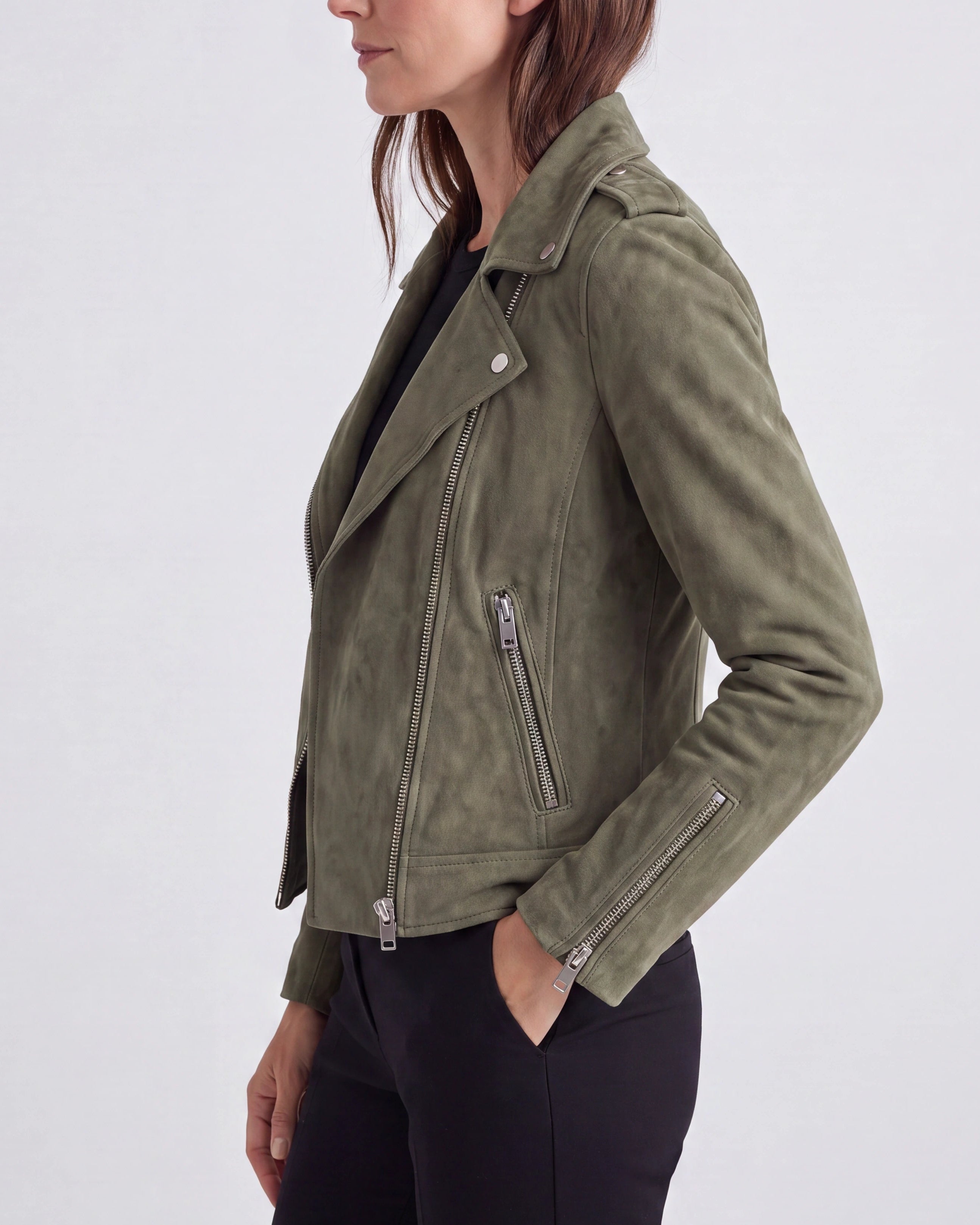 Women's Cropped Zip Front Lapel Collar Biker Jacket