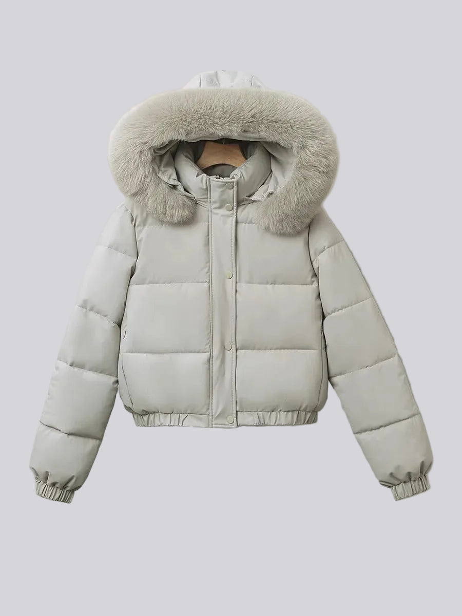 Women's Cropped Padded Puffer Jacket with Faux Fur Hood