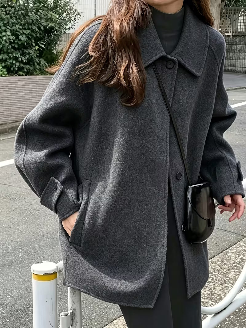Women's Oversized Short Coat with Wide Collar and Button Front in Grey – Front View