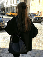 Women's Oversized Short Coat with Wide Collar and Button Front in Black – Back View
