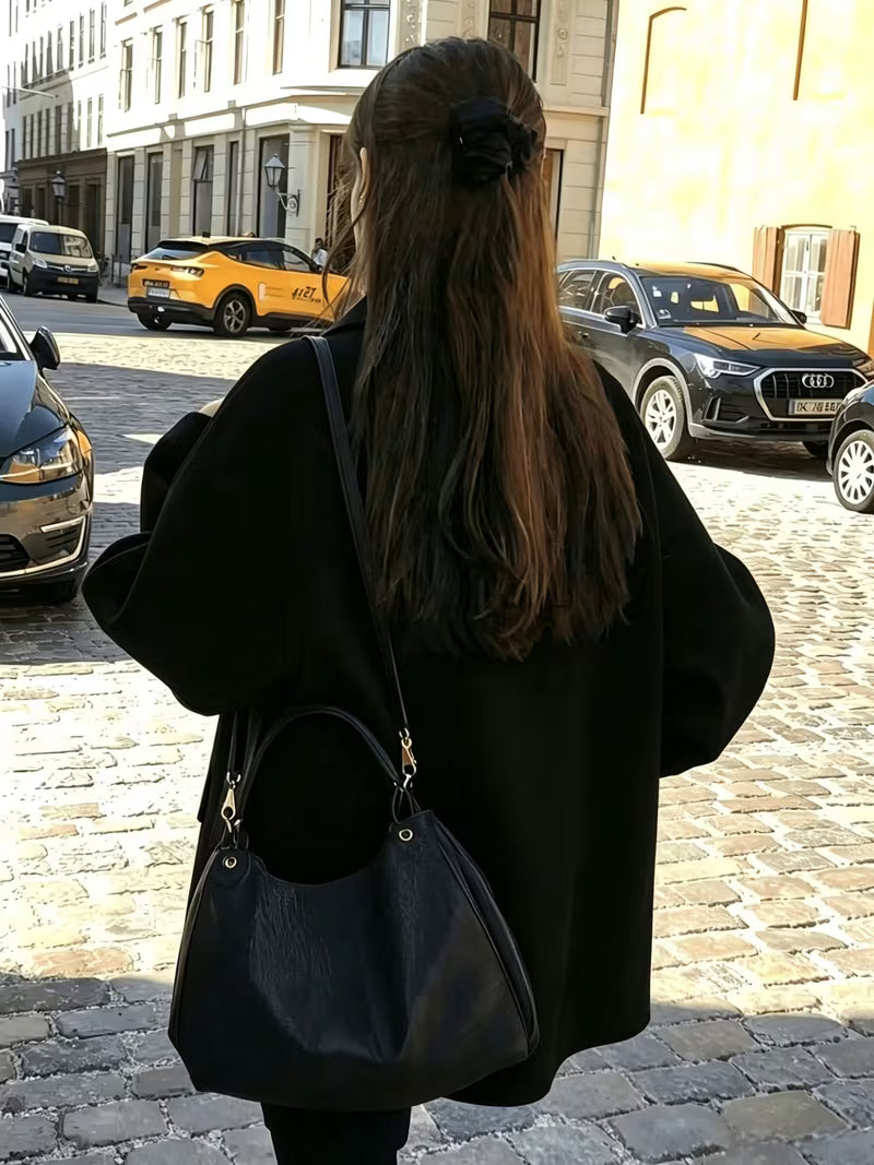 Women's Oversized Short Coat with Wide Collar and Button Front in Black – Back View