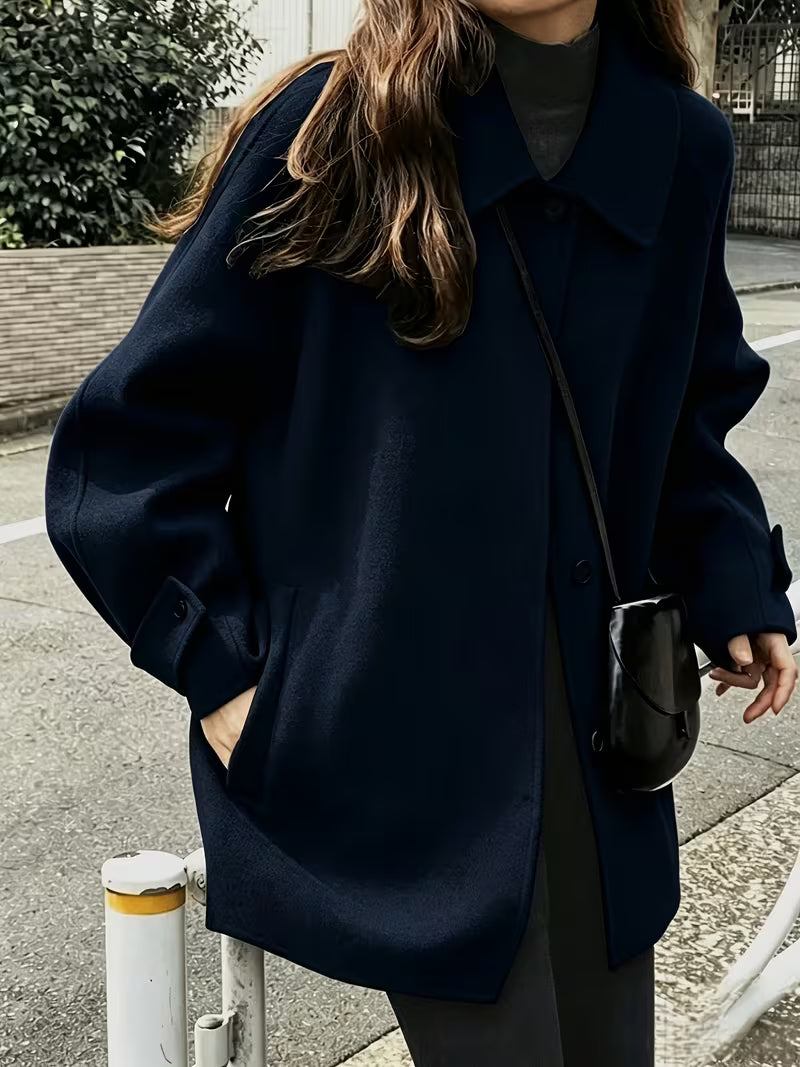 Women's Oversized Short Coat with Wide Collar and Button Front in Navy Blue – Front View