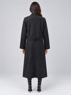 Women's Longline Tailored Coat with Notch Lapels and Button Tab Waist in Black – Back View