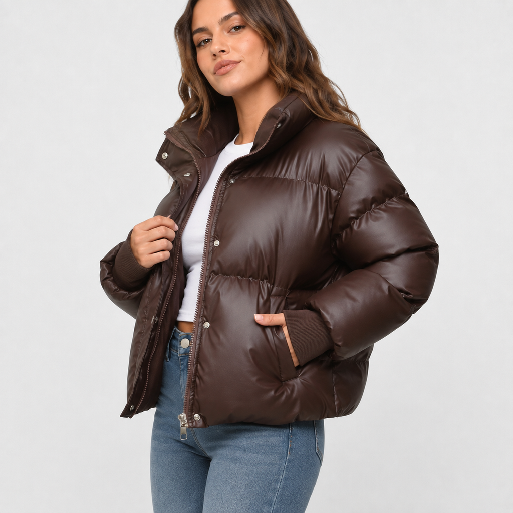 Women's Shiny Cropped Puffer Jacket with Funnel Neck and Drawcord Hem in Brown – Three-Quarter View