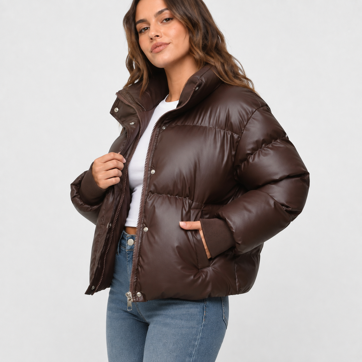 Women's Shiny Cropped Puffer Jacket with Funnel Neck and Drawcord Hem in Brown – Three-Quarter View