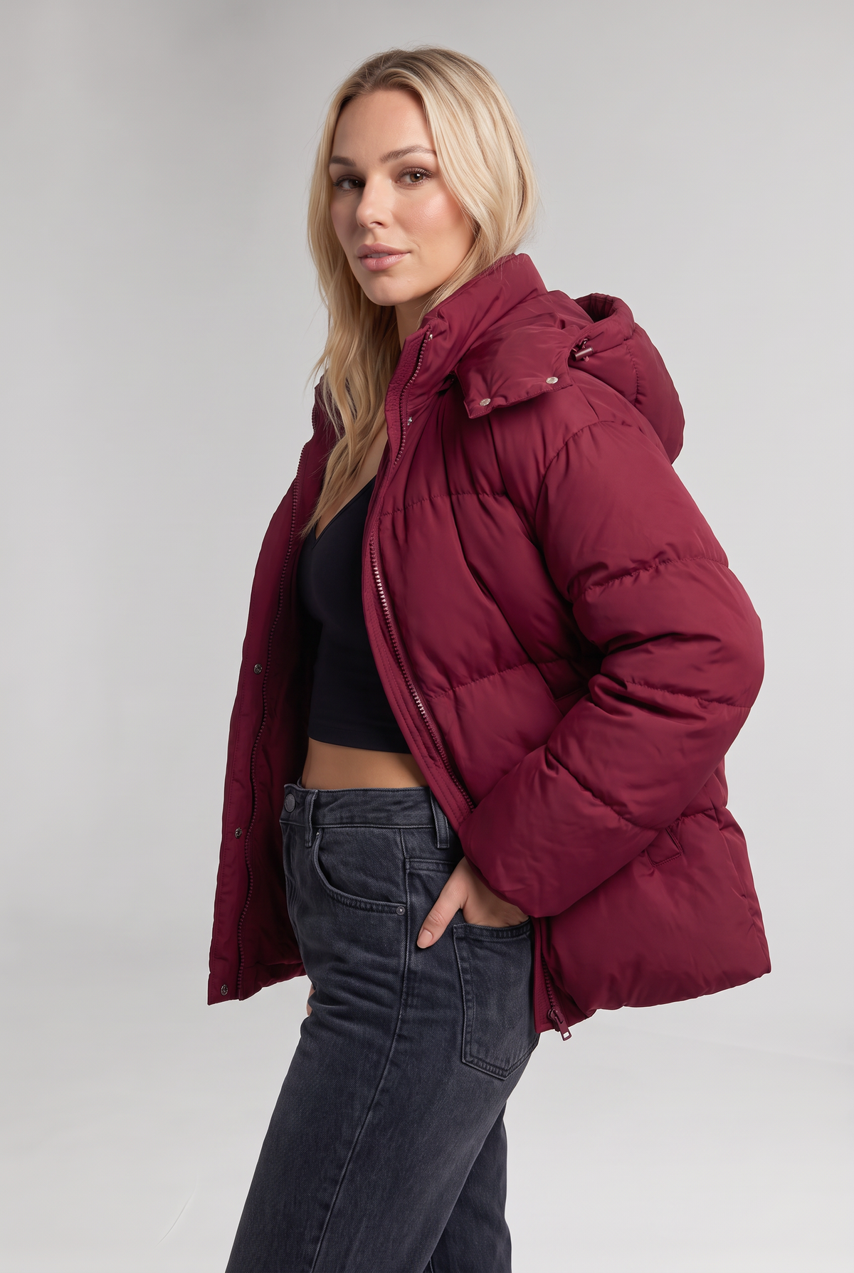 Women's Oversized Padded Puffer Jacket with Detachable Hood and Pockets in Burgundy – Full Length View