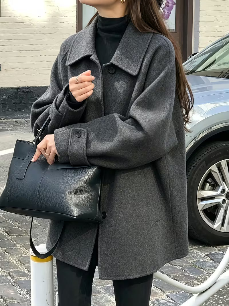Women's Oversized Short Coat with Wide Collar and Button Front in Grey – Front View