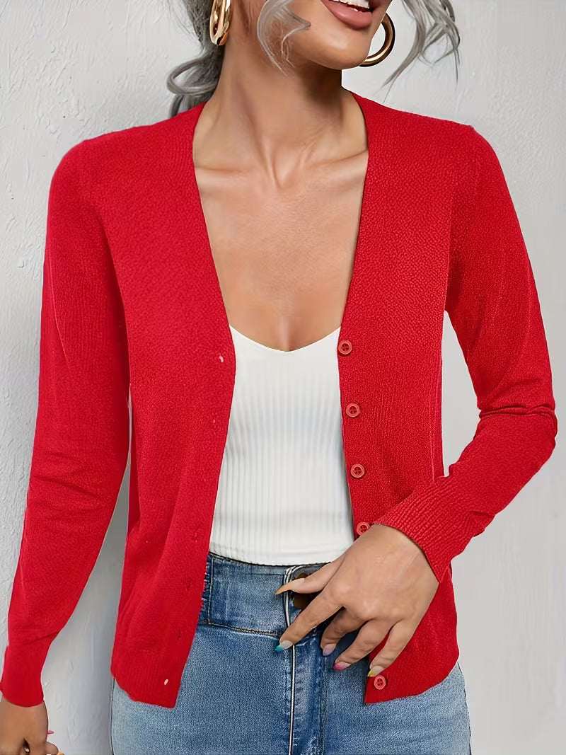 Women's Fine Knit V-Neck Cardigan with Button Front