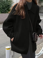 Women's Oversized Short Coat with Wide Collar and Button Front in Black – Front View